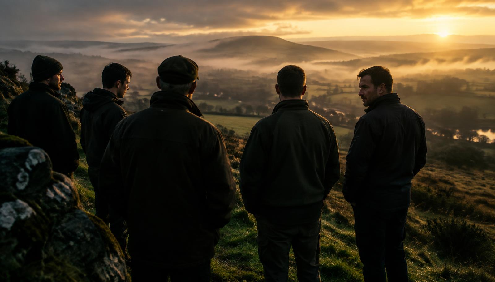 Men standing together on a misty Carlow hillside at dawn